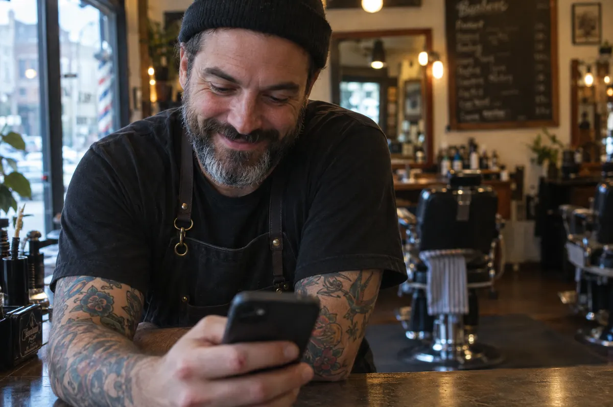 A barber smiling at a new booking notification on his phone