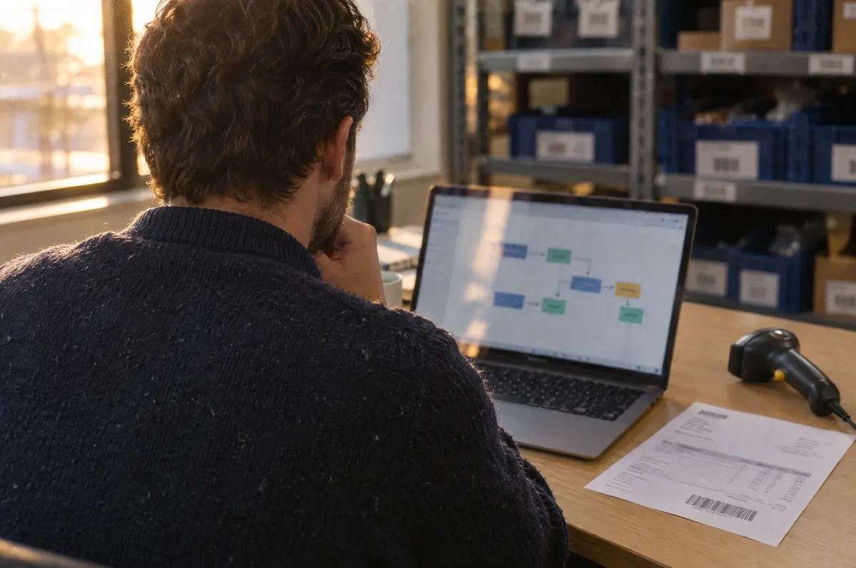 An operations lead reviewing an automated workflow on a laptop next to a barcode scanner