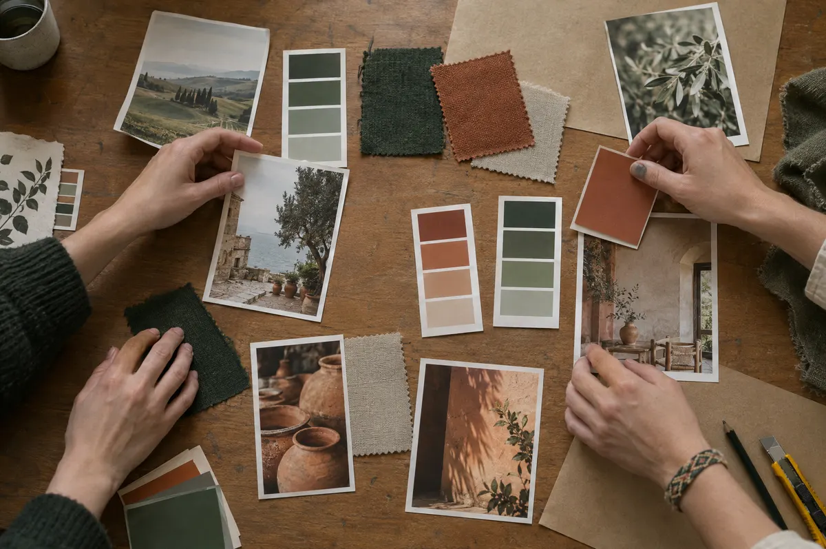 Hands arranging colour swatches, fabric and photos on a brand mood board