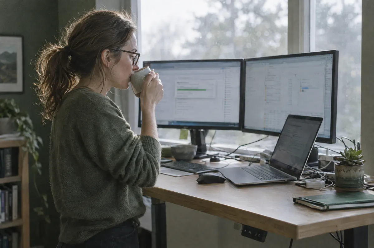 A woman at a standing desk with two monitors moving files to the cloud