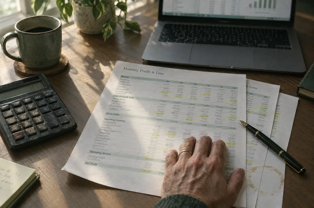 Printed profit and loss statements with highlighter marks, a calculator and a fountain pen
