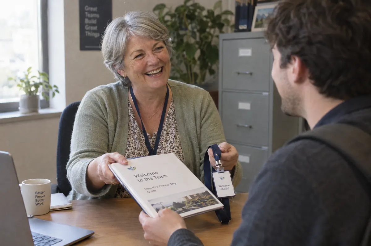 An office manager welcoming a new hire with an onboarding binder