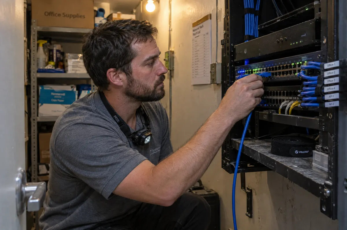 An IT technician patching a network cable into a small office switch