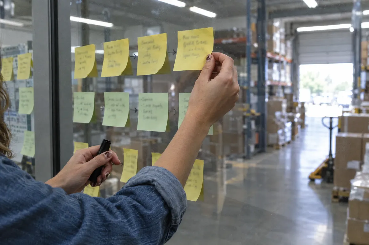 Sticky notes arranged on a glass wall to map a warehouse workflow