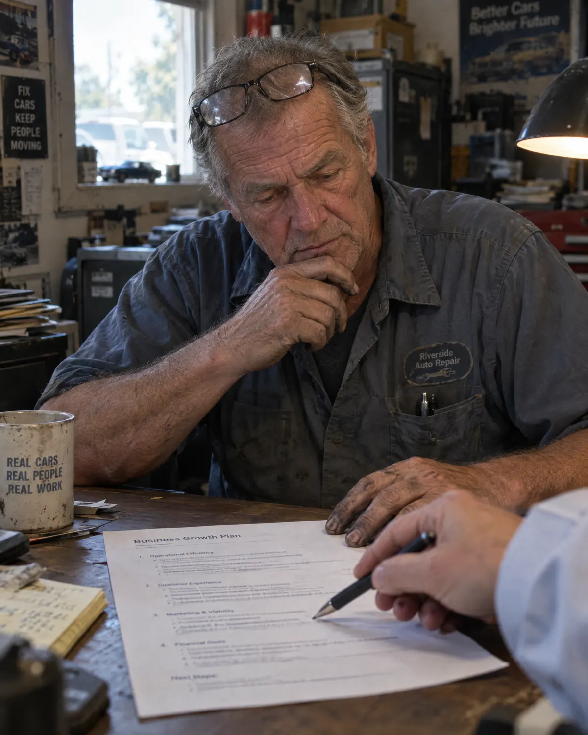 An auto repair shop owner reviewing a one-page plan with a consultant