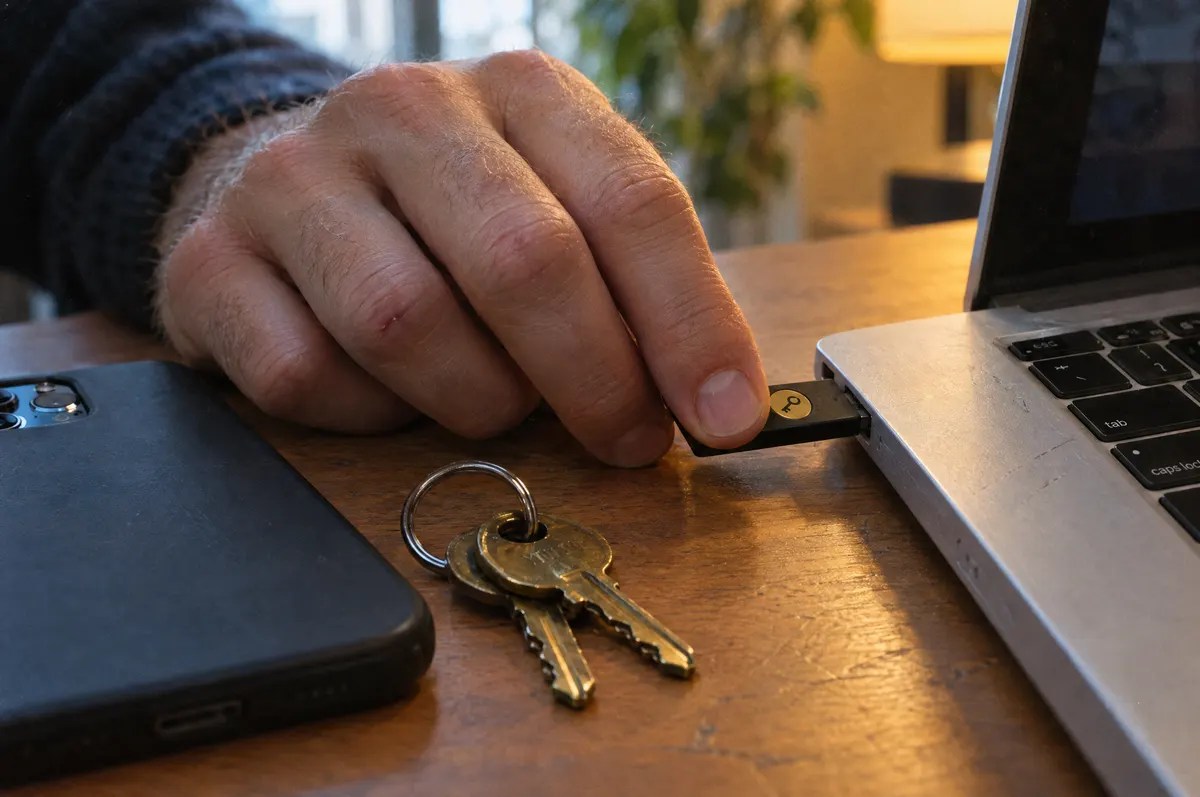 A hand pressing a hardware security key plugged into a laptop