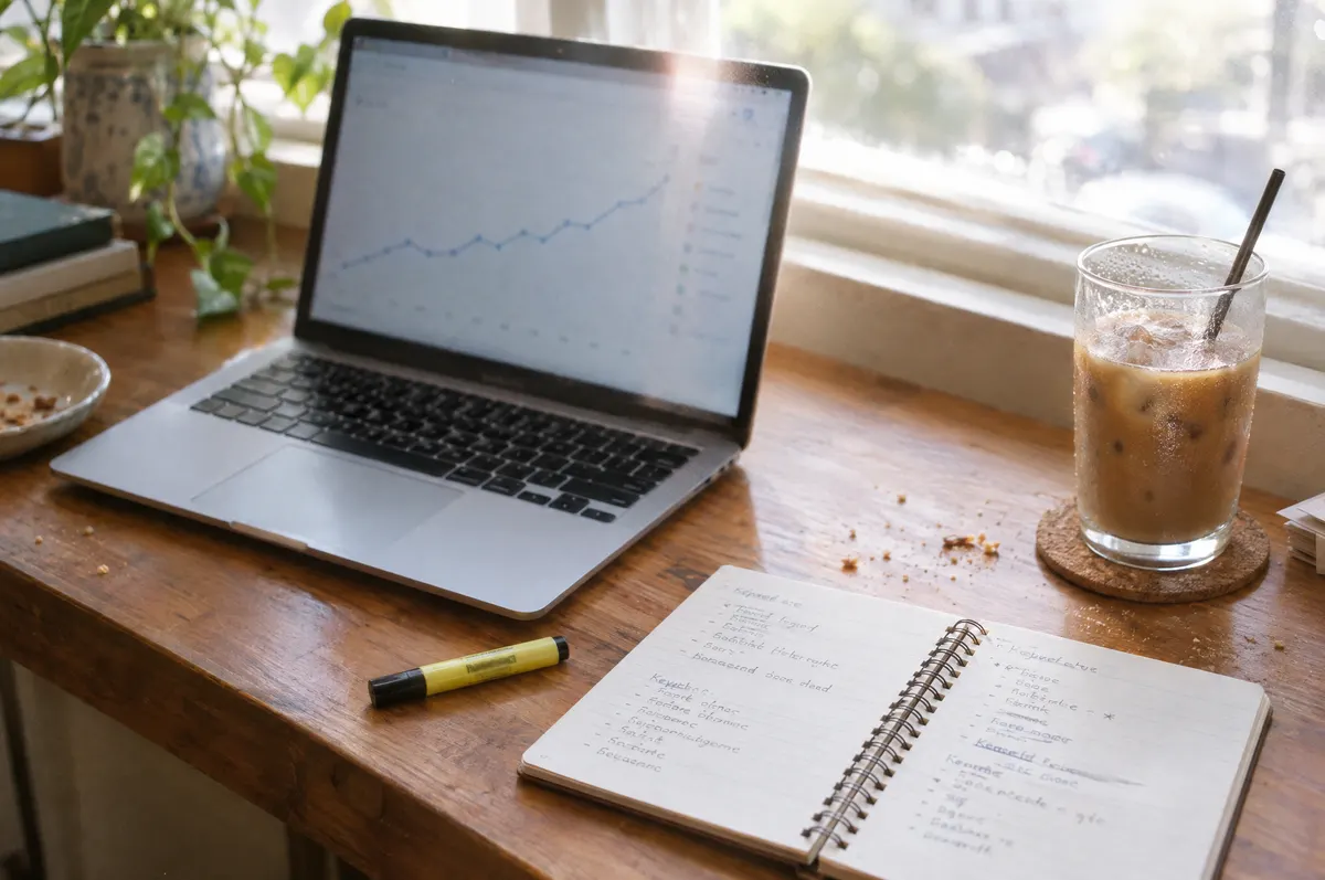 A laptop showing a rising traffic chart beside a notebook of keyword lists
