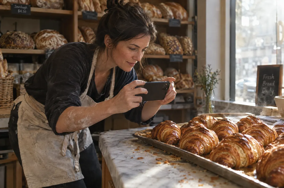 A bakery owner photographing fresh croissants with her phone for social media