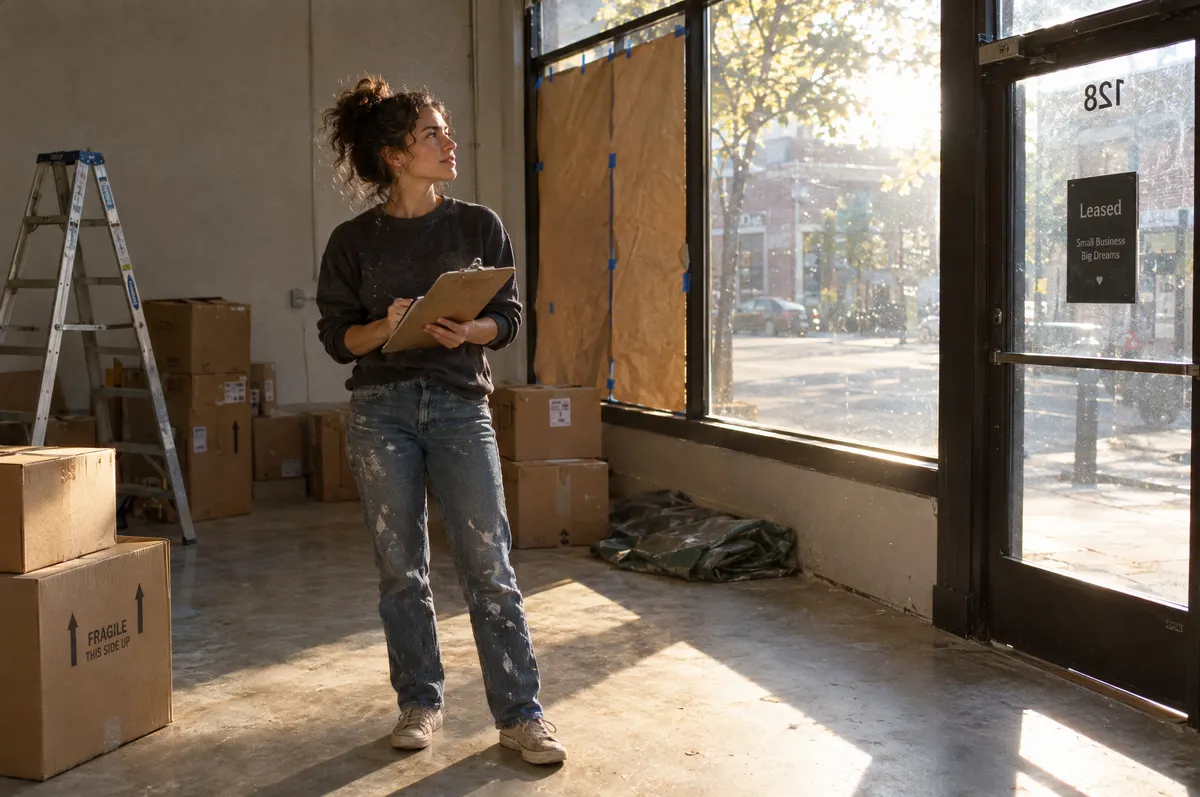 A founder with a clipboard in her newly leased, still empty storefront