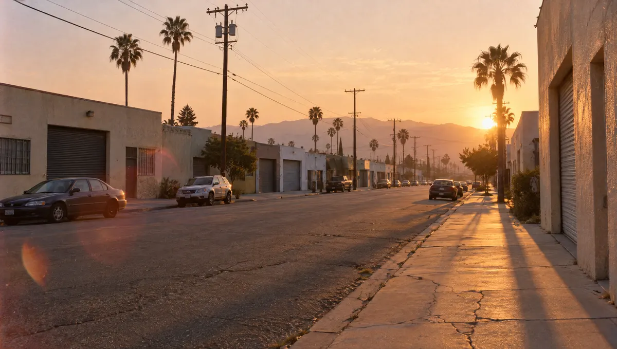 A low-rise commercial street in the San Fernando Valley at golden hour