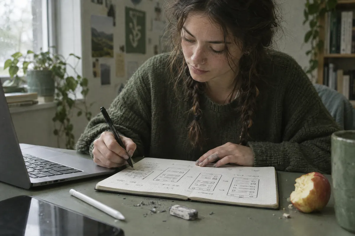 A web designer sketching mobile page wireframes in a notebook